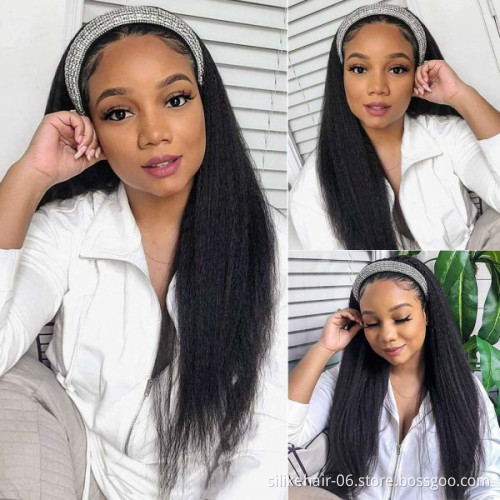kinky curly Headband Wigs 24 " Long Silky Straight wigs with Black yaki Headband wigs High Temperature Synthetic Hair extension